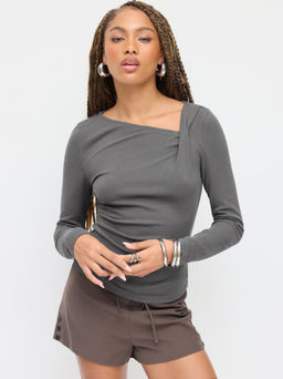Cider - Thermal Cotton-blend Asymmetrical Neck Long Sleeve Ruched Top