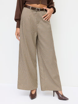 Cider - Houndstooth Mid Rise Wide Leg Trousers With Belt