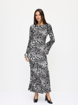 Cider - Zebra Striped Boat Neck Long Sleeve Ruffle Hem Dress