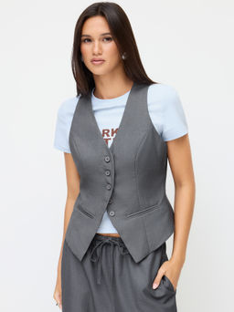 Cider - V-neck Button Asymmetrical Hem Blazer Vest