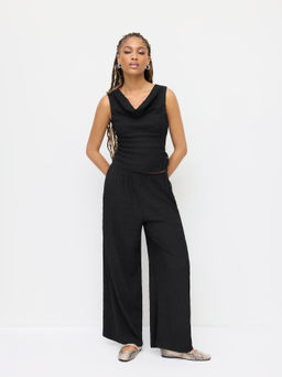 Cider - Texture Cowl Neck Ruched Knotted Top & Mid Rise Wide Leg Trousers