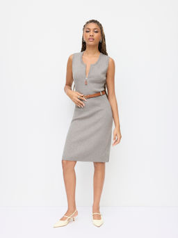 Cider - Knit U-neckline Half Zip Dress With Belt