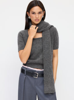 Cider - Knit Wool-blend Scoop Neckline Short Sleeve Cinched Waist Top With Scarf