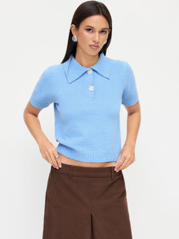 Cider - Knit Polo Neck Short Sleeve Top