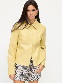 Cider - Faux Leather Collar Long Sleeve Button Shirt