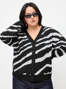 Cider - Knit Zebra Striped V-neck Long Sleeve Button Oversized Cardigan Curve & Plus