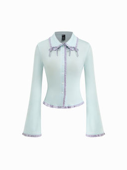 Cider - Mesh Lettuce Trim Contrasting Binding Bowknot Long Sleeve Top
