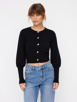 Cider - Knit Round Neck Gigot Sleeve Button Metal Detail Cardigan