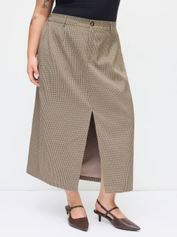 Cider - Houndstooth Mid Rise Elastic Waist Split Skirt Curve & Plus