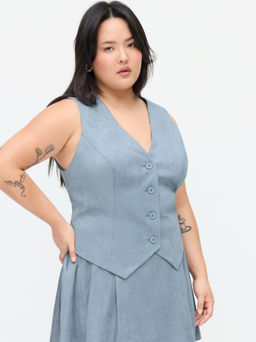 Cider - Suede V-neck Blazer Vest Curve & Plus