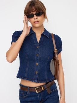 Cider - Stretch Denim Collar V-neck Short Sleeve Blouse