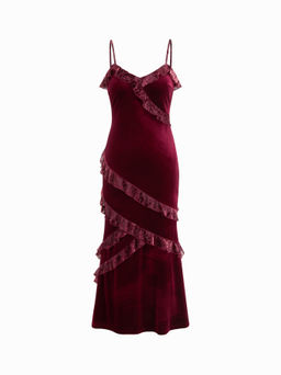 Cider - Velvet V-neck Ruffle Hem Dress