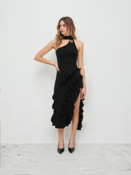 Cider - Halter Neckline Ruffle Hem Metal Detail Split Dress With Scarf