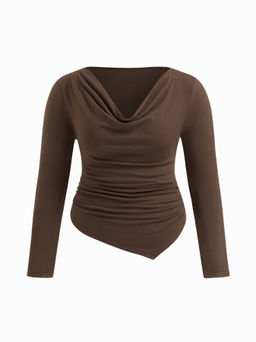 Cider - Cowl Neck Long Sleeve Asymmetrical Hem Ruched Top Curve & Plus