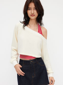 Cider - Two Piece Terry Asymmetrical Neck Crop Sweatshirt With Striped Tank Top
