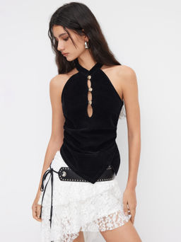 Cider - Velvet Halter Neckline Cut Out Metal Button Ruched Asymmetrical Hem Top