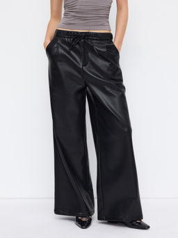 Cider - Faux Leather Low Rise Drawstring Wide Leg Trousers