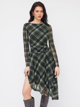 Cider - Mesh Plaid Boat Neck Long Sleeve Backless Asymmetrical Hem Ruffle Dress
