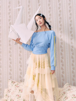 Cider - Terry Asymmetrical Neck Side Striped Corset Lace Up Oversized Sweatshirt