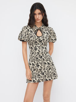 Cider - Floral Collar Puff Sleeve Cut Out Mini Dress