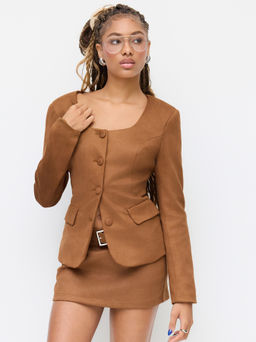 Cider - Suede Square Neck Long Sleeve Blazer