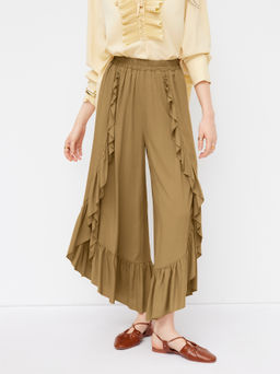Cider - 100% Cotton Mid Rise Elastic Waist Ruffle Wide Leg Trousers