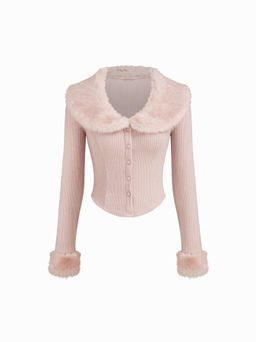 Cider - Faux Fur Collar Long Sleeve Rib Curved Hem Button Top