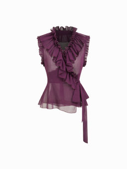 Cider - Chiffon V-neck Lettuce Trim Knotted See-through Tank Top