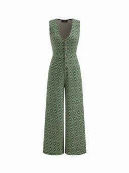 Cider - Floral V-neck Button Wide Leg Jumpsuit