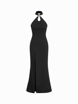 Cider - Halter Neckline Metal Detail Split Mermaid Dress