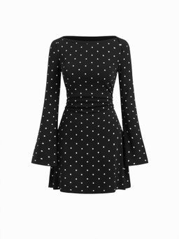Cider - Cotton-blend Boat Neck Polka Dot Ruched Bell Sleeve Mini Dress