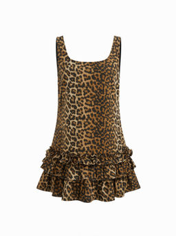 Cider - Denim Leopard Print Lettuce Trim Layered Tank Mini Dress