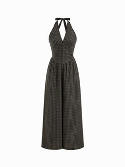 Cider - Cotton Halter Neckline Plaid Lettuce Trim Shirred Wide Leg Jumpsuit