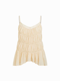 Cider - V-neck Lace Trim Asymmetrical Hem Ruched Oversized Cami Blouse