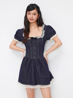 Cider - Stretch Denim Lace Trim Puff Sleeve A-line Mini Dress
