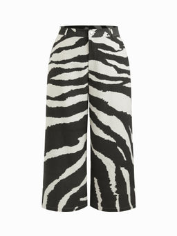 Cider - 100% Cotton Mid Rise Zebra Striped Print Wide Leg Trousers Curve & Plus