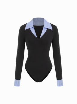 Cider - Cotton Collar V-neck Two Tone Striped Bodysuit