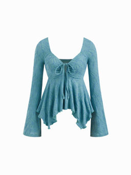 Cider - Round Neckline Floral Knotted Ruffle Hem Long Sleeve Top