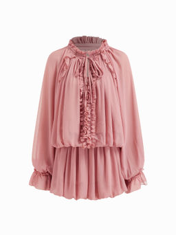 Cider - Chiffon High Neck Lettuce Trim Knotted Ruffle Mini Dress