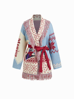 Cider - Knit Collar Pattern Colorblock Tassel Oversized Cardigan With Belt