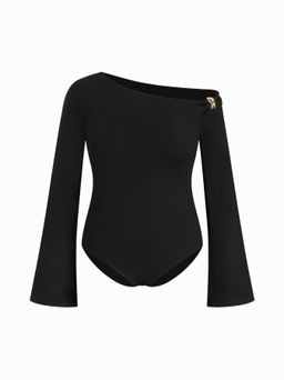 Cider - Asymmetrical Neck Metal Detail Long Sleeve Bodysuit Curve & Plus
