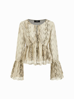 Cider - Chiffon Snake Print Tie Front Bow Ruffle Hem See-through Oversized Blouse