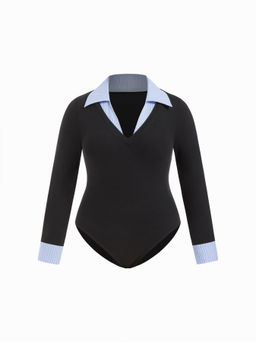 Cider - Two Tone Cotton Collar Striped Button Bodysuit Curve & Plus