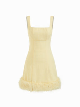 Cider - Tweed Square Neck Faux Fur Hem Mini Dress