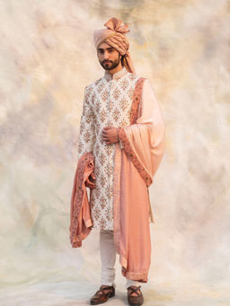 Jatin Malik - Ivory Textured Base Sherwani (Set of 4)