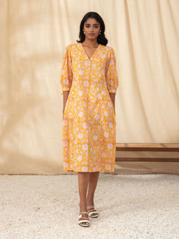 Likha - Yellow V-Neck Printed Aline Dress LIKDRS16
