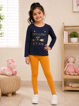 3PIN - Girls Cotton Full Sleeve T-shirt and Leggings-Navy Blue