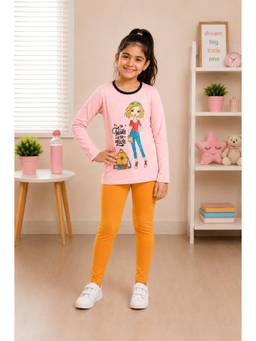 3PIN - Girls Cotton Full Sleeve T-shirt and Leggings-Pink