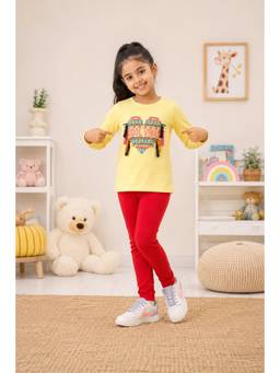 3PIN - Girls Cotton Full Sleeve T-shirt and Leggings-Yellow