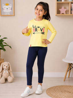 3PIN - Girls Cotton Full Sleeve T-shirt and Leggings-Yellow